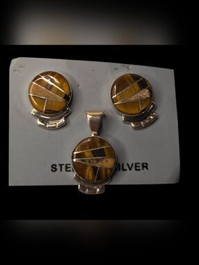Vintage Sterling Silver Tiger's Eye Geometric Inlay Pendant Stud Earring Set RB